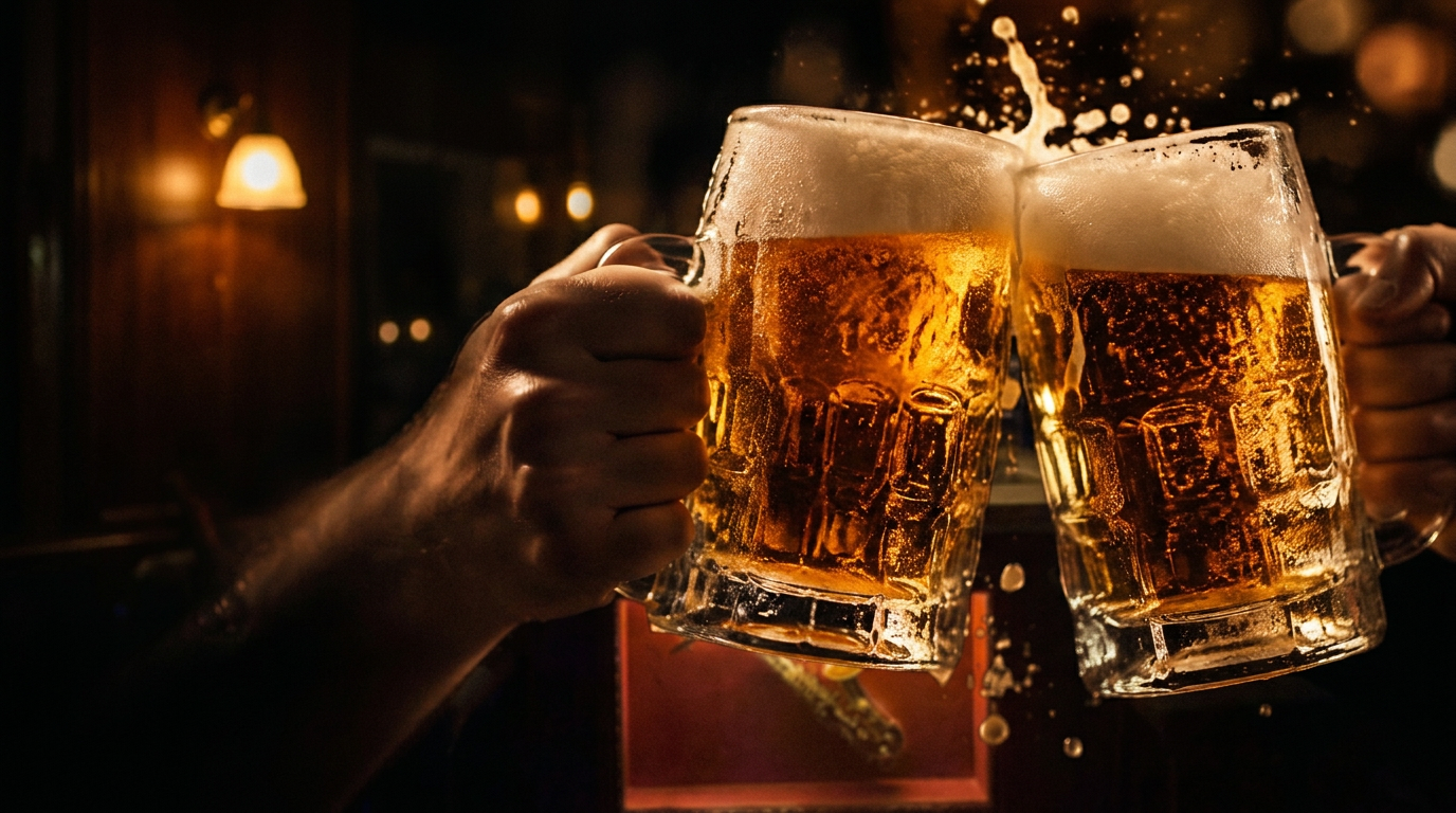 Due boccali di birra ambrata che fanno cin cin